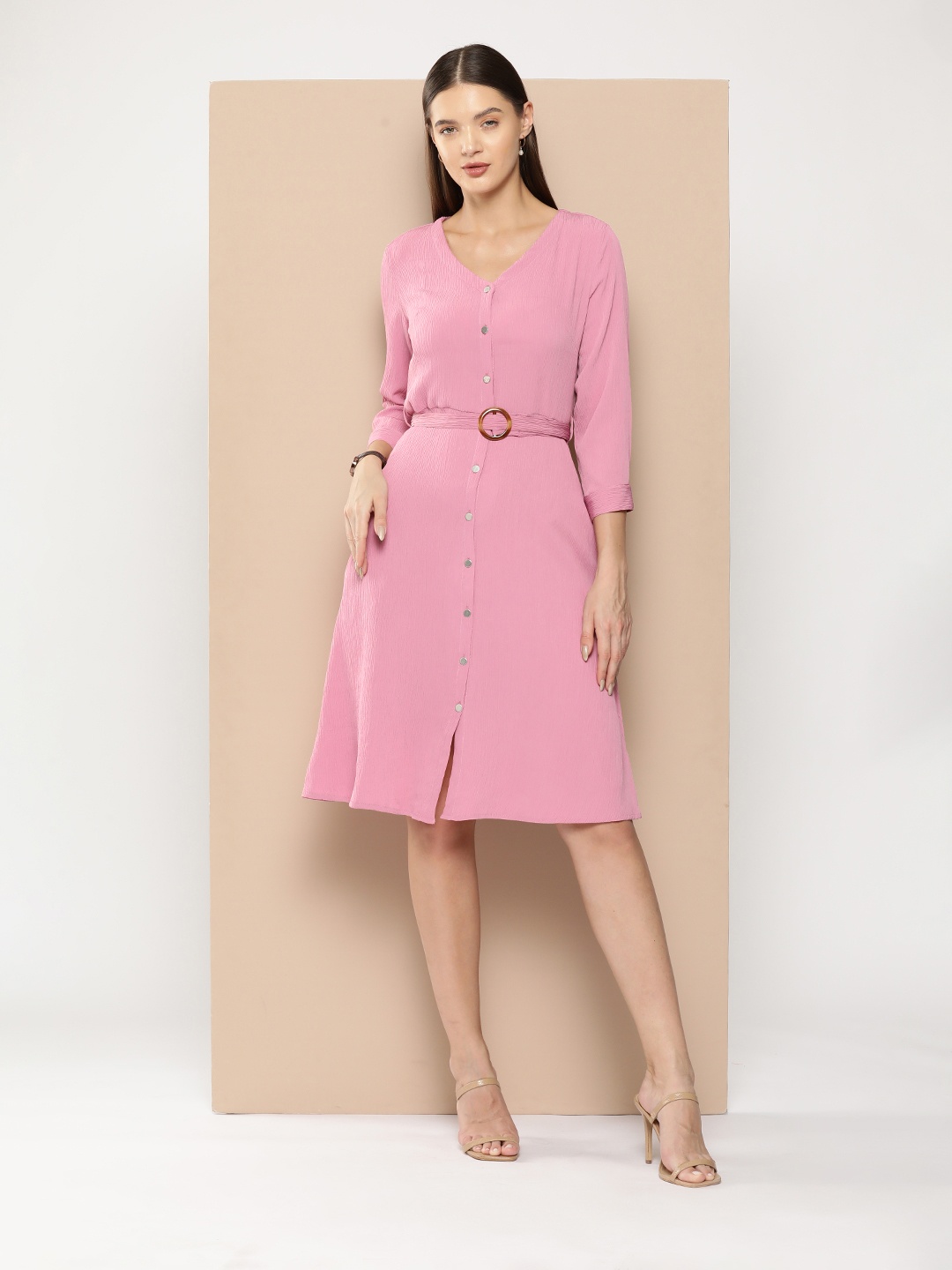 

Chemistry Crinkle Effect A-Line Dress with Belt, Rose