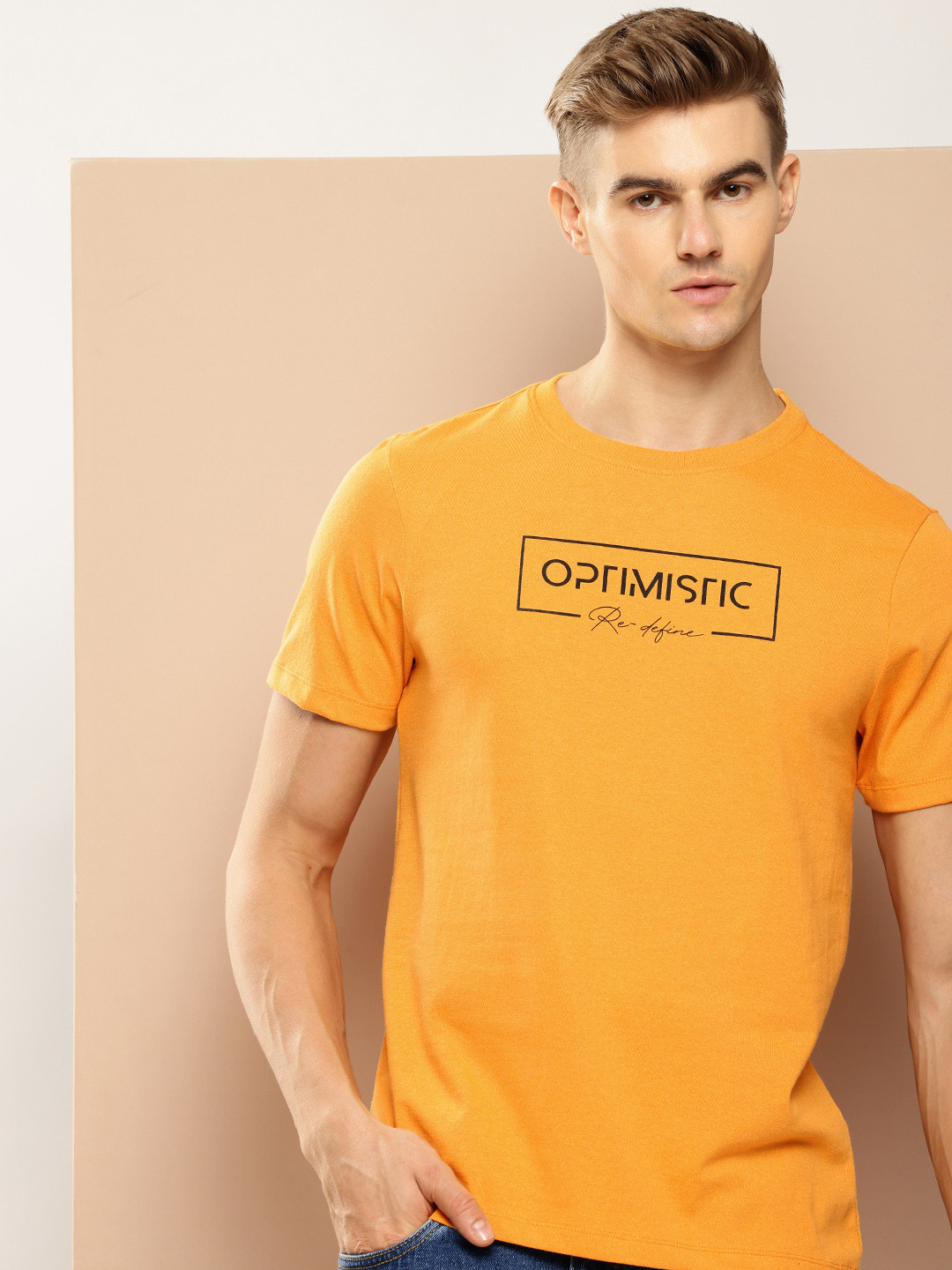 

encore by INVICTUS Men Typography Printed Pure Cotton T-shirt, Mustard