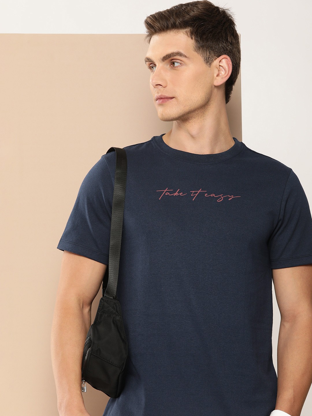 

encore by INVICTUS Typography Printed Pure Cotton T-shirt, Navy blue