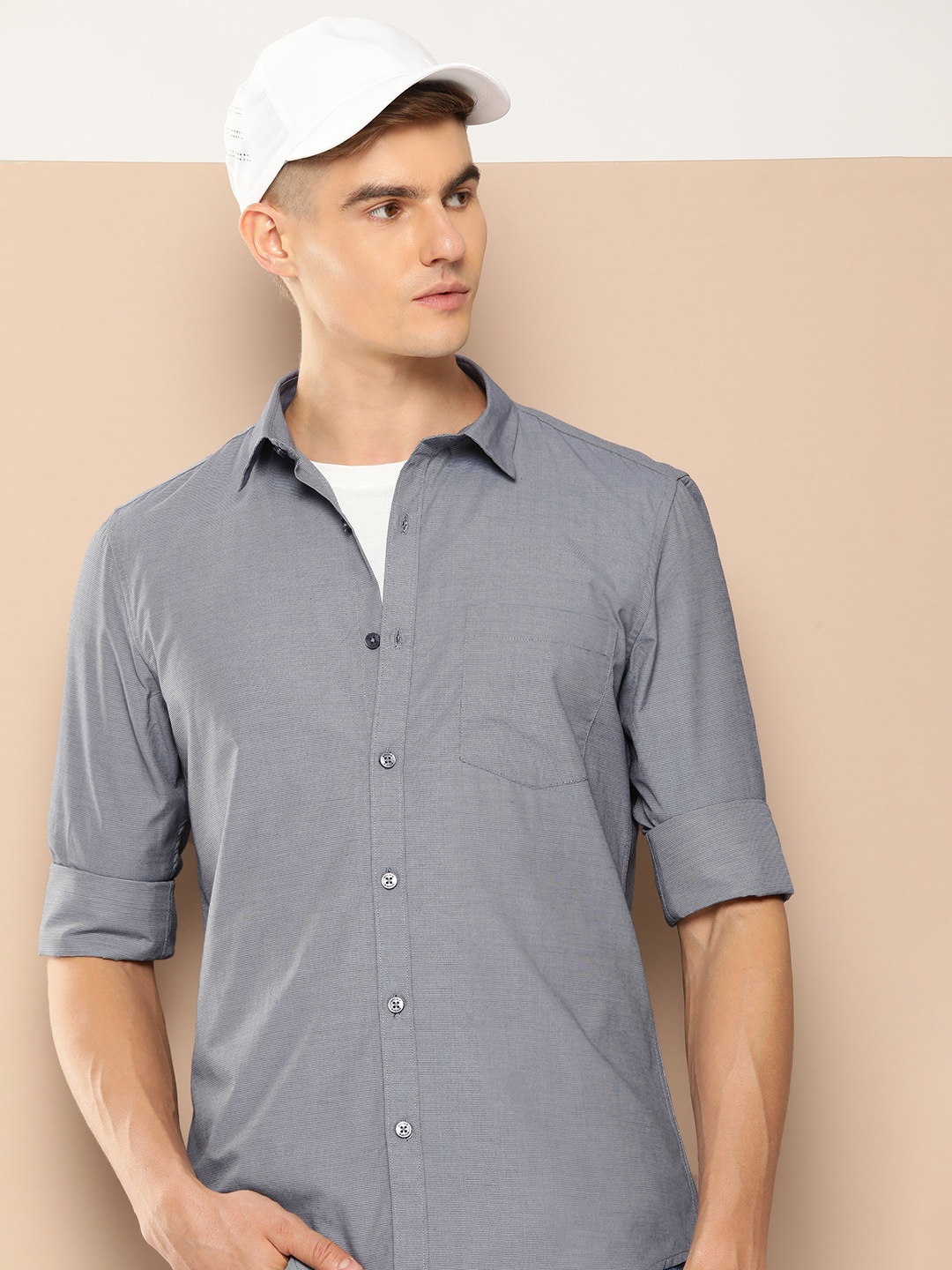 

encore by INVICTUS Self Design Textured Casual Shirt, Grey