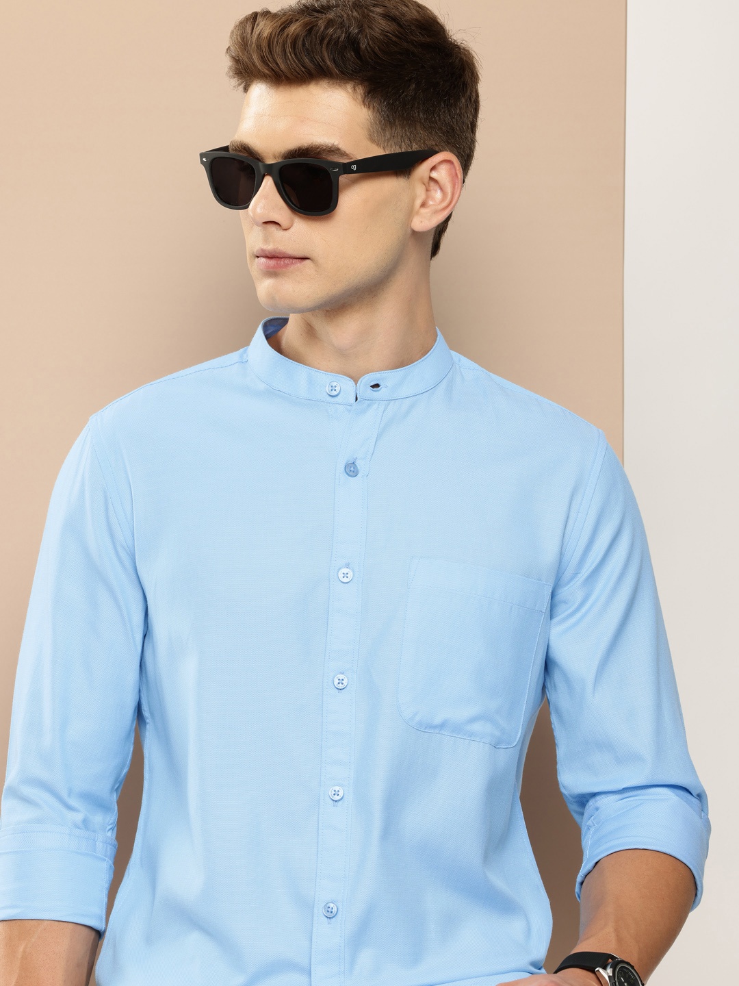 

encore by INVICTUS Self Design Textured Band Collar Casual Shirt, Blue
