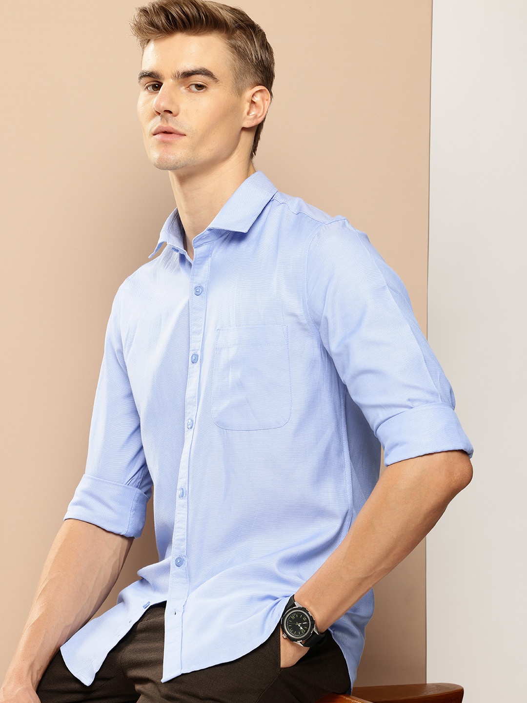 

encore by INVICTUS Self Design Opaque Casual Shirt, Blue