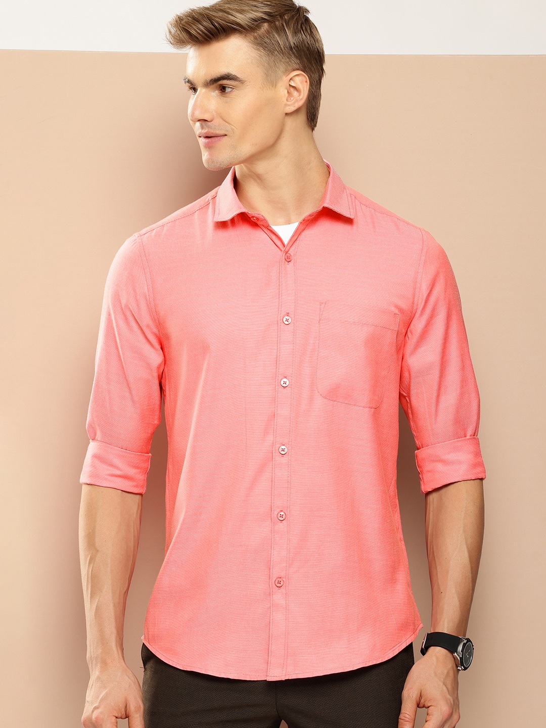 

encore by INVICTUS Self Design Opaque Casual Shirt, Coral