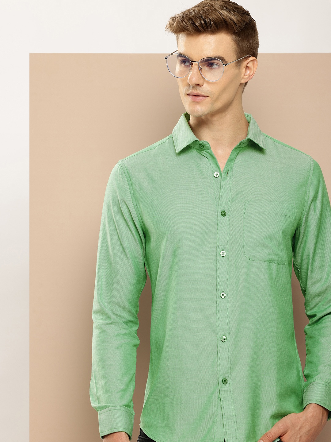 

encore by INVICTUS Self Design Textured Casual Shirt, Green