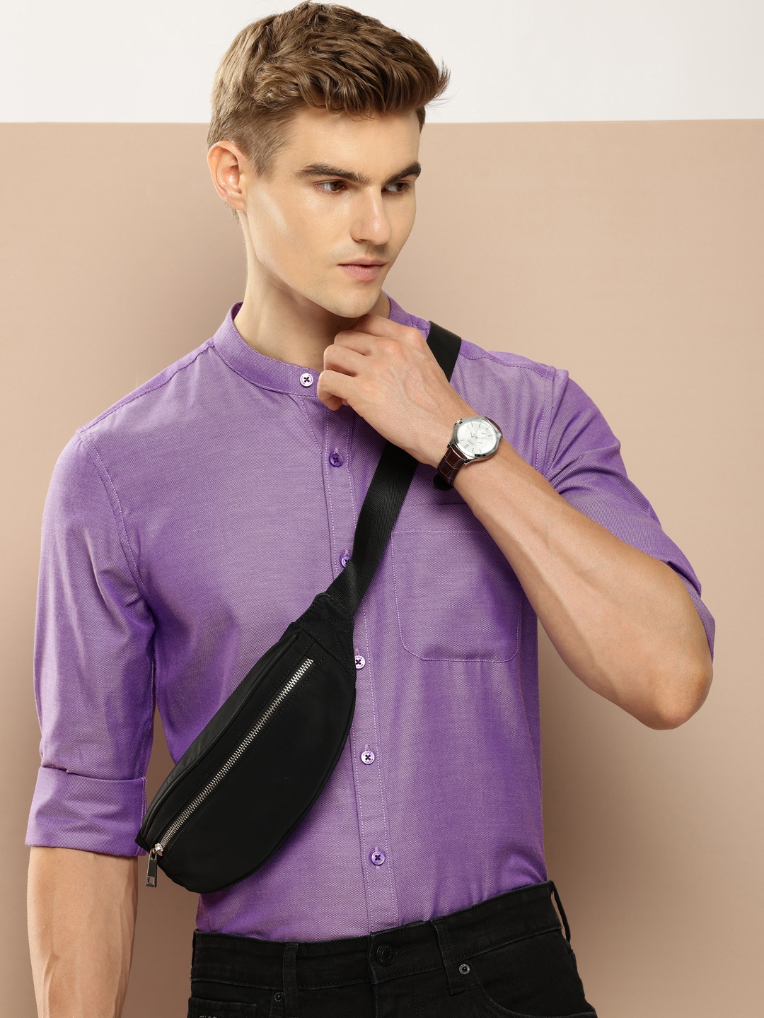 

encore by INVICTUS Self Design Textured Band Collar Smart Casual, Purple