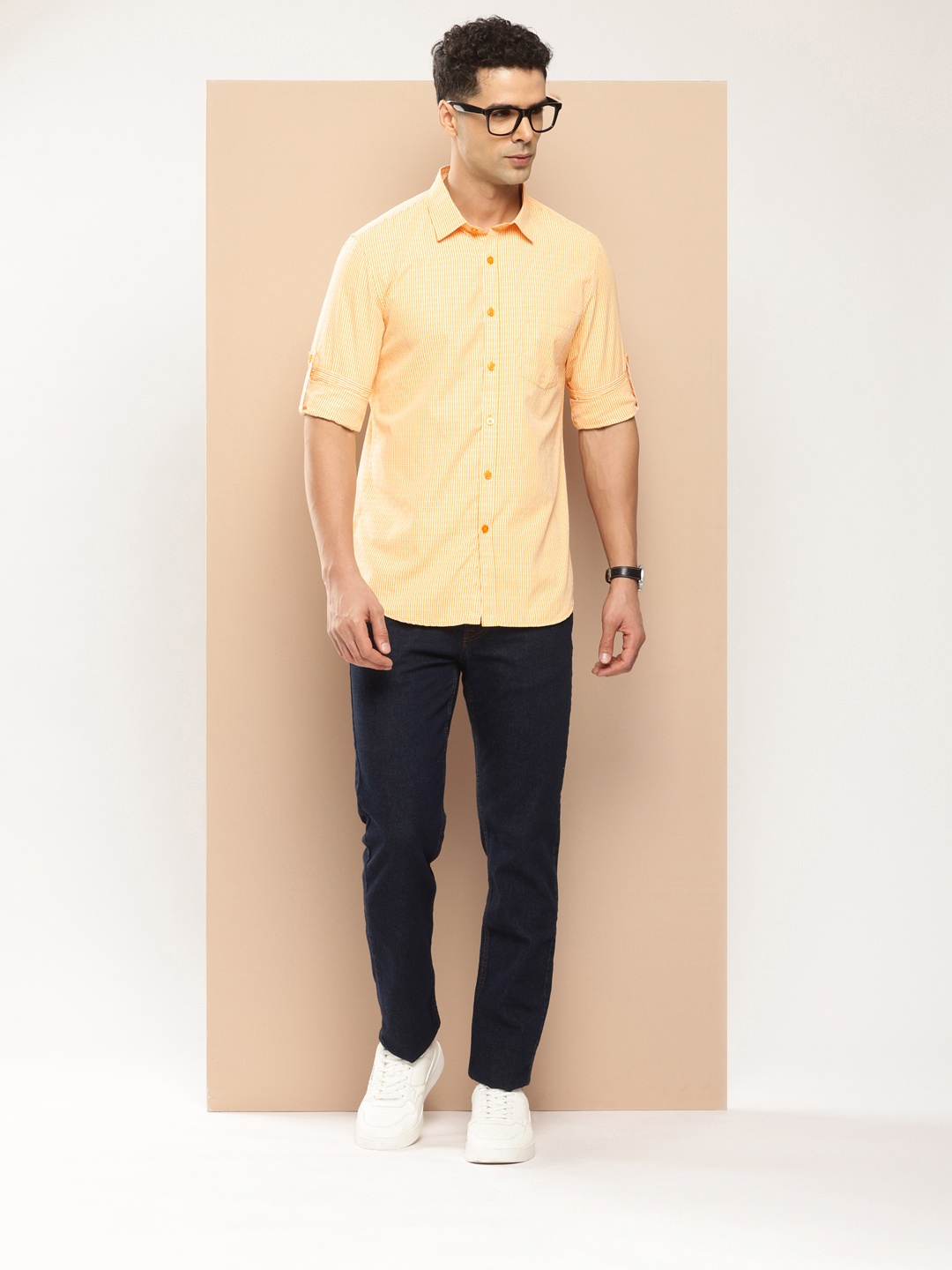 

encore by INVICTUS Roll-Up Sleeves Self Design Vertical Striped Casual Shirt, Yellow