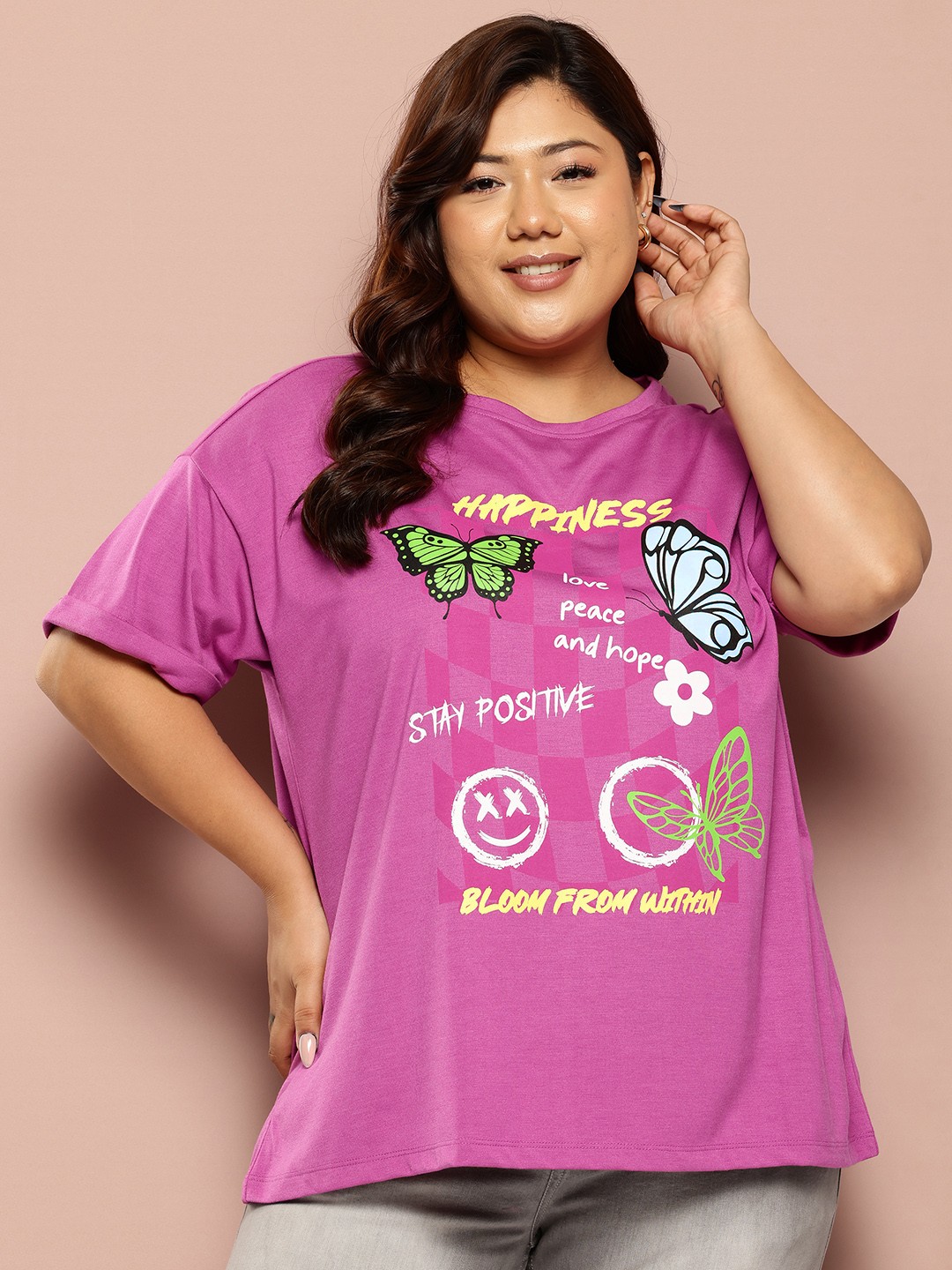 

Sztori Plus Size Printed Drop-Shoulder Sleeves T-shirt, Magenta