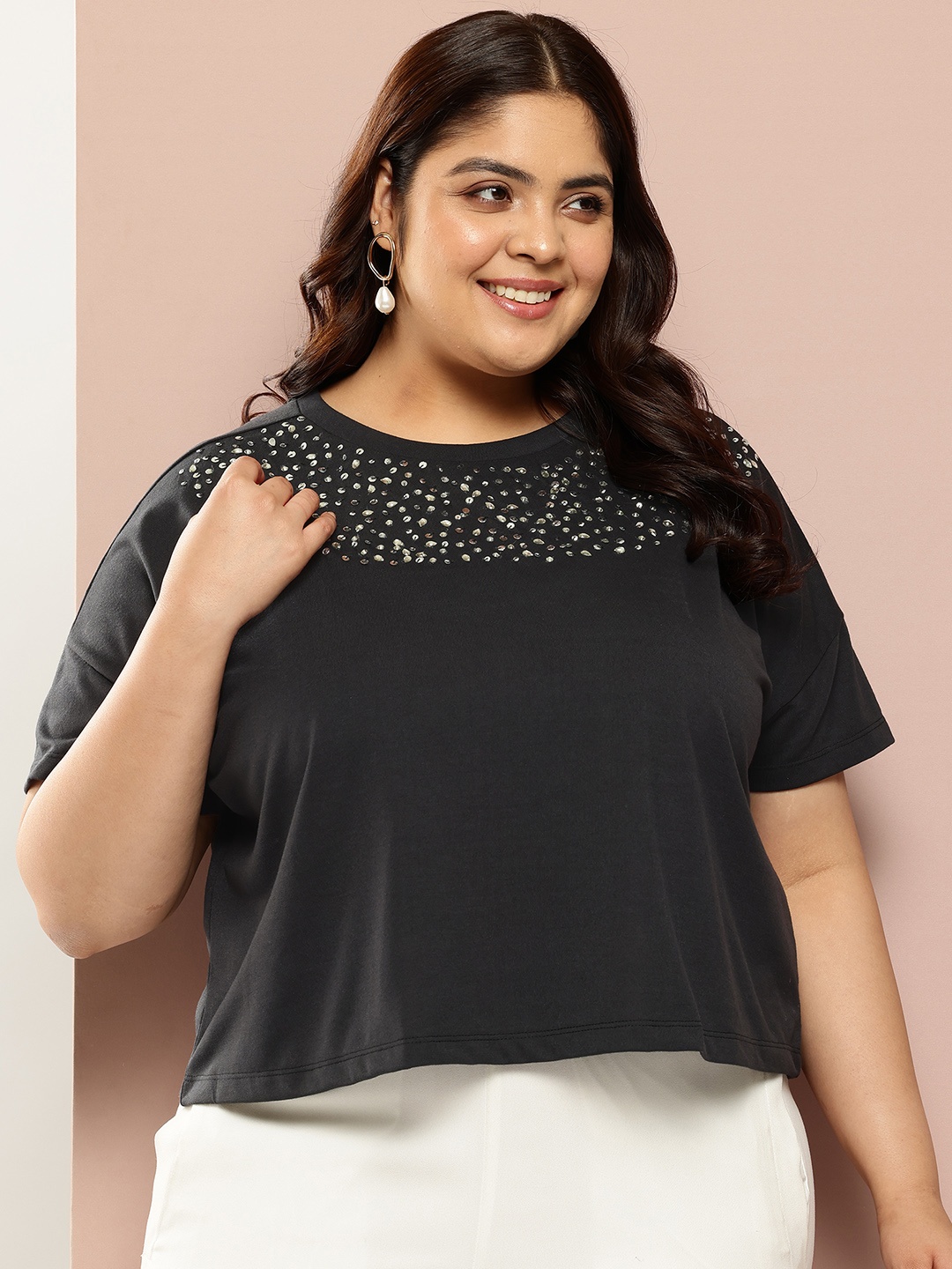 

Sztori Plus Size Embellished Top, Black
