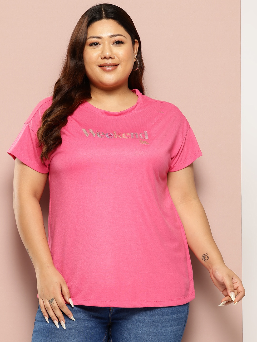 

Sztori Plus Size Printed Drop-Shoulder Sleeves T-shirt, Pink