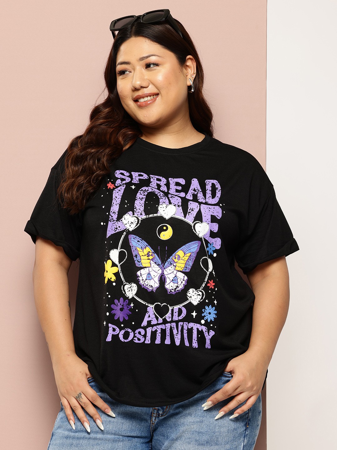 

Sztori Plus Size Printed Drop-Shoulder Sleeves T-shirt, Black