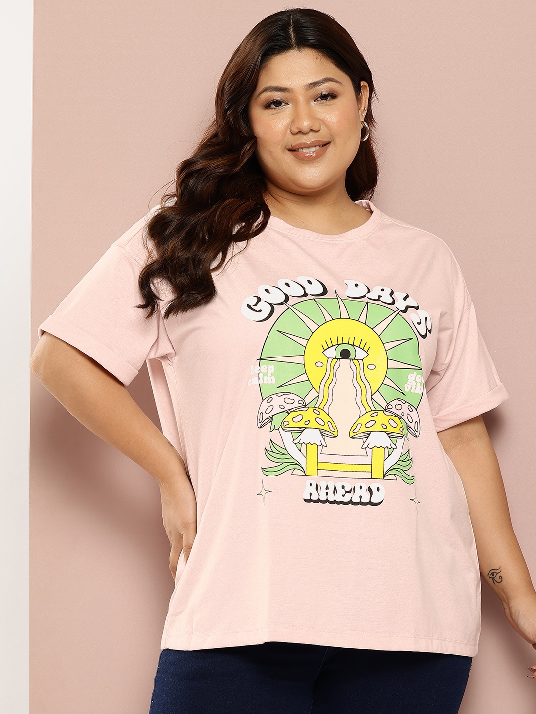 

Sztori Plus Size Graphic Printed T-shirt, Pink