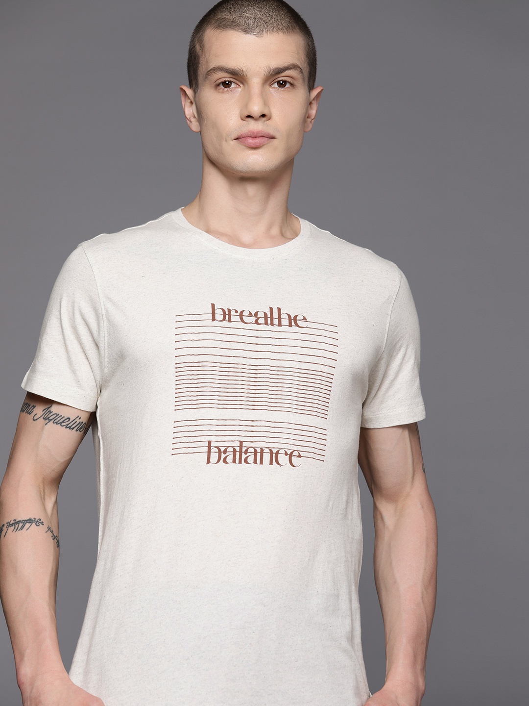 

HRX by Hrithik Roshan Striped Pure Cotton Yoga T-shirt, Off white