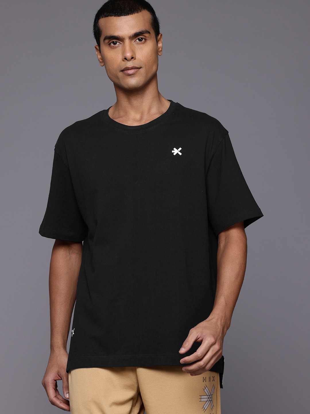 

HRX by Hrithik Roshan Drop-Shoulder Pure Cotton Yoga T-shirt, Black