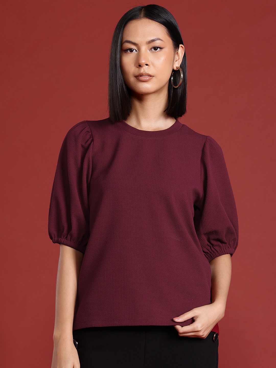 

all about you Self-Design Puff Sleeves Top, Maroon