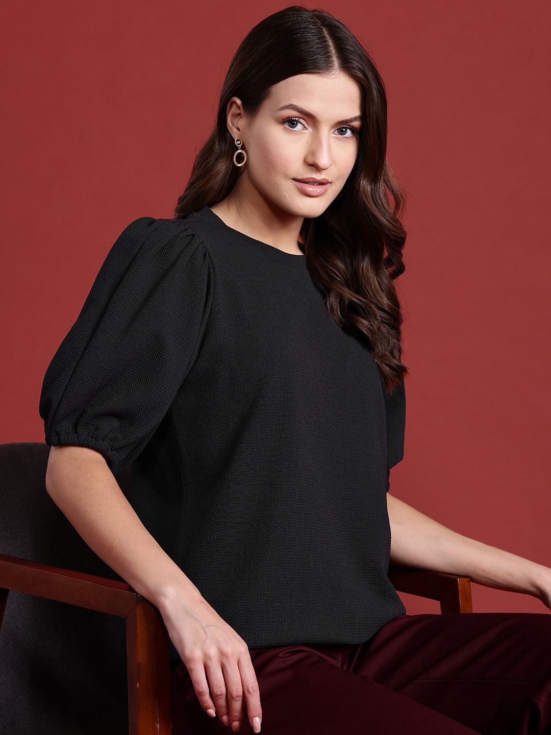 

all about you Self-Design Puff Sleeves Top, Black