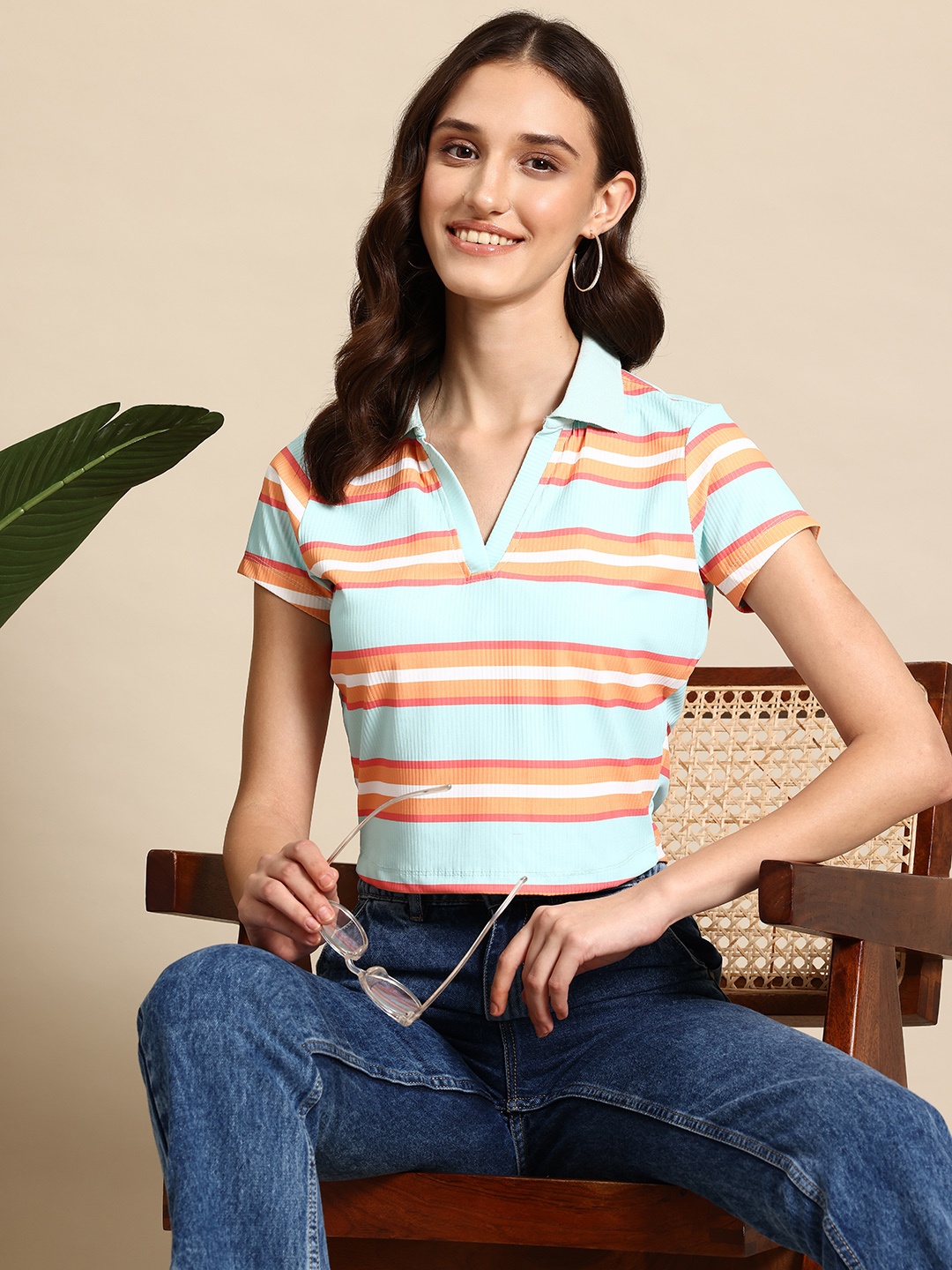 

Mast & Harbour Women Striped Polo Collar T-shirt, Blue