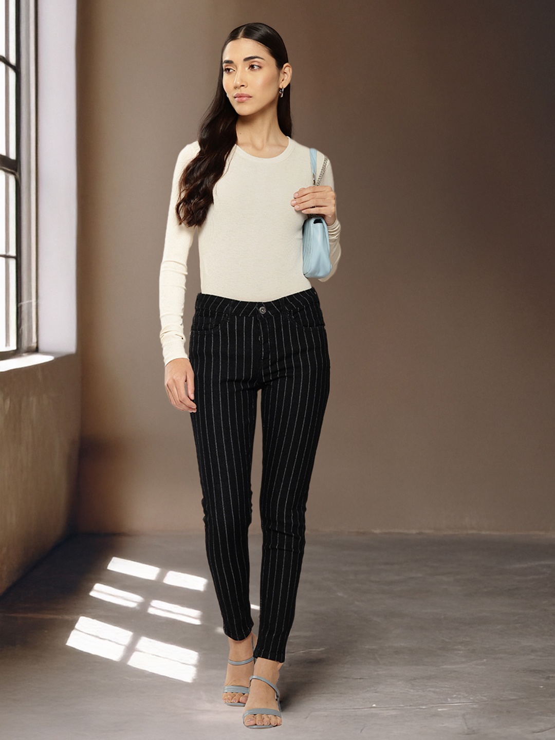 

Chemistry Women Skinny Fit Striped Stretchable Jeans, Black