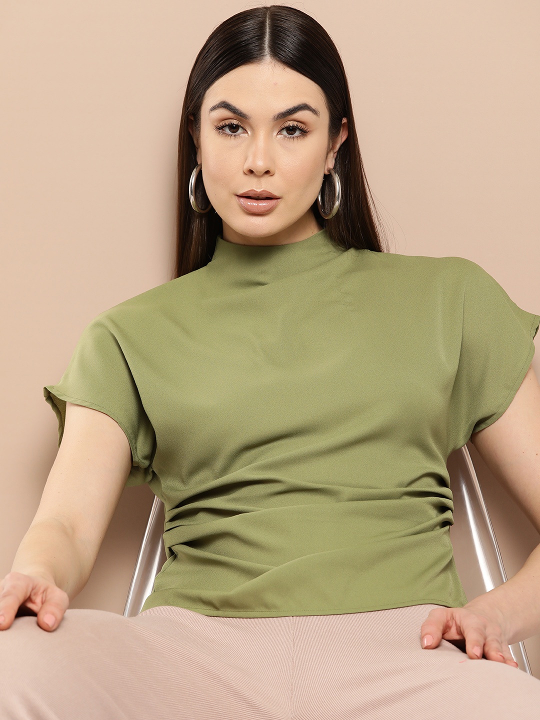 

Chemistry High Neck Side Ruched Extended Sleeves Top, Olive