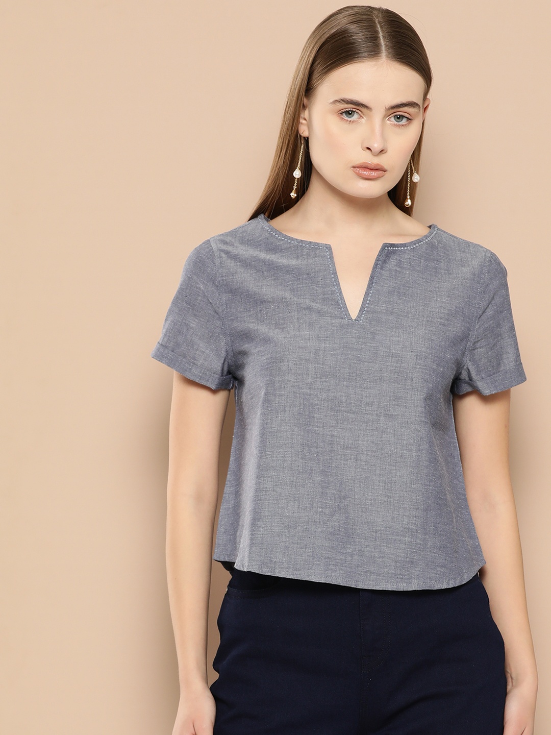 

Chemistry Notched Neck Pure Cotton Top, Grey