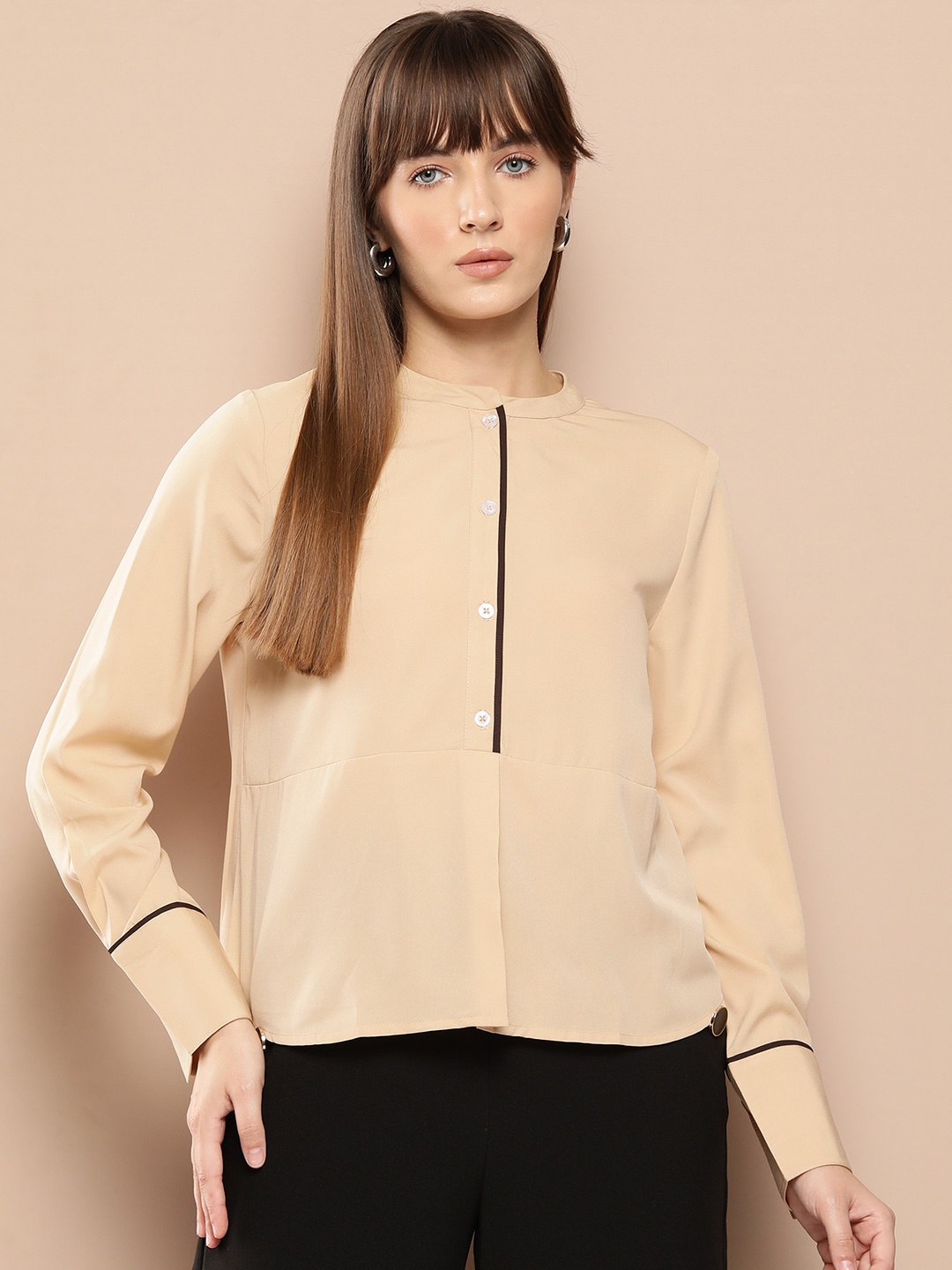 

Chemistry Mandarin Collar Pleated Shirt Style Top, Beige
