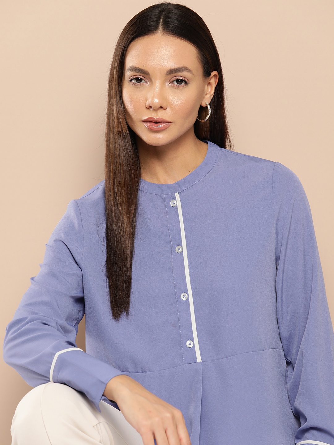 

Chemistry Mandarin Collar Shirt Style Formal Top, Blue