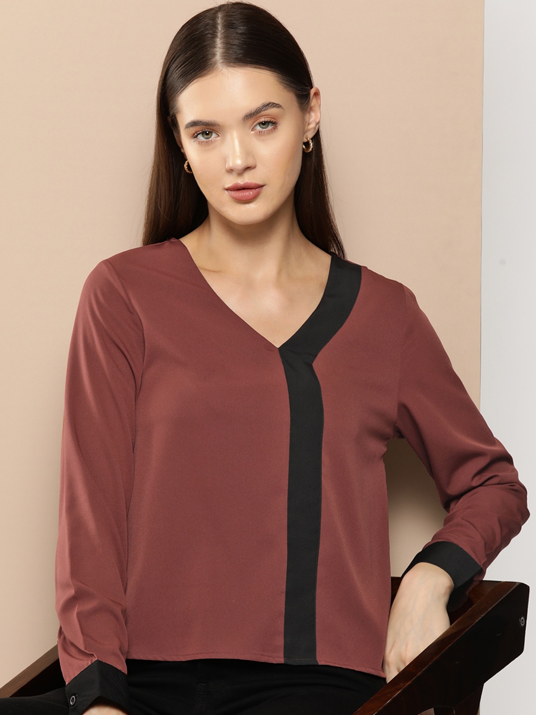 

Chemistry Striped Detail V-Neck Top, Brown