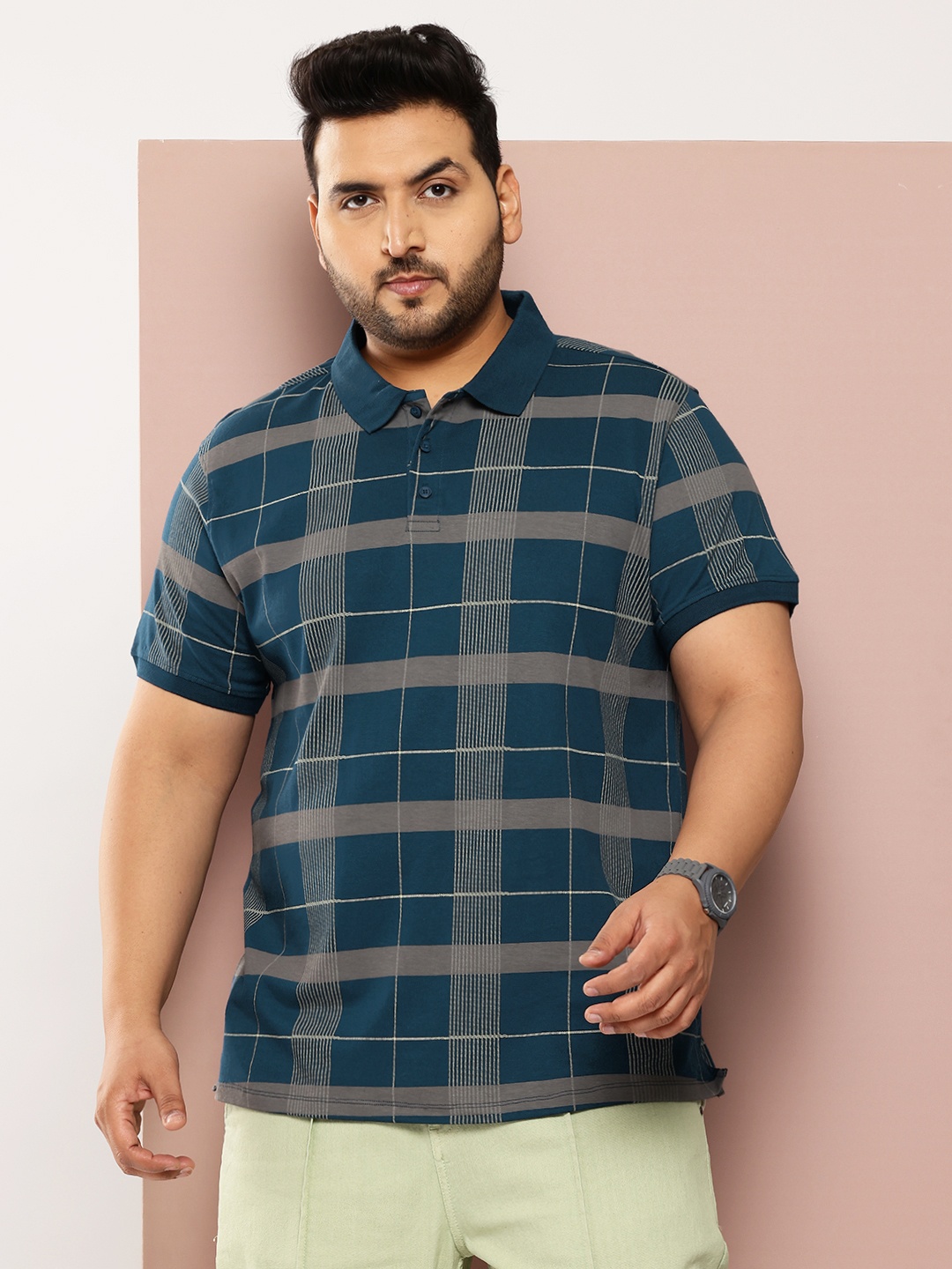 

Sztori Plus Size Checked Polo Collar Pure Cotton T-shirt, Teal