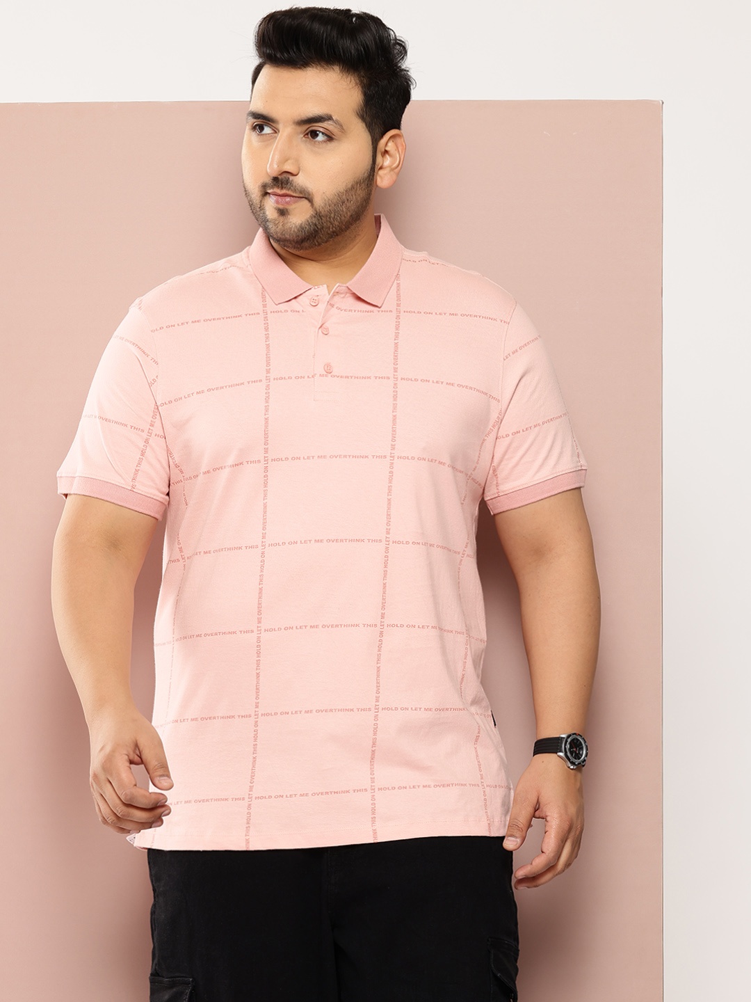 

Sztori Plus Size Typography Printed Polo Collar Pure Cotton T-shirt, Pink