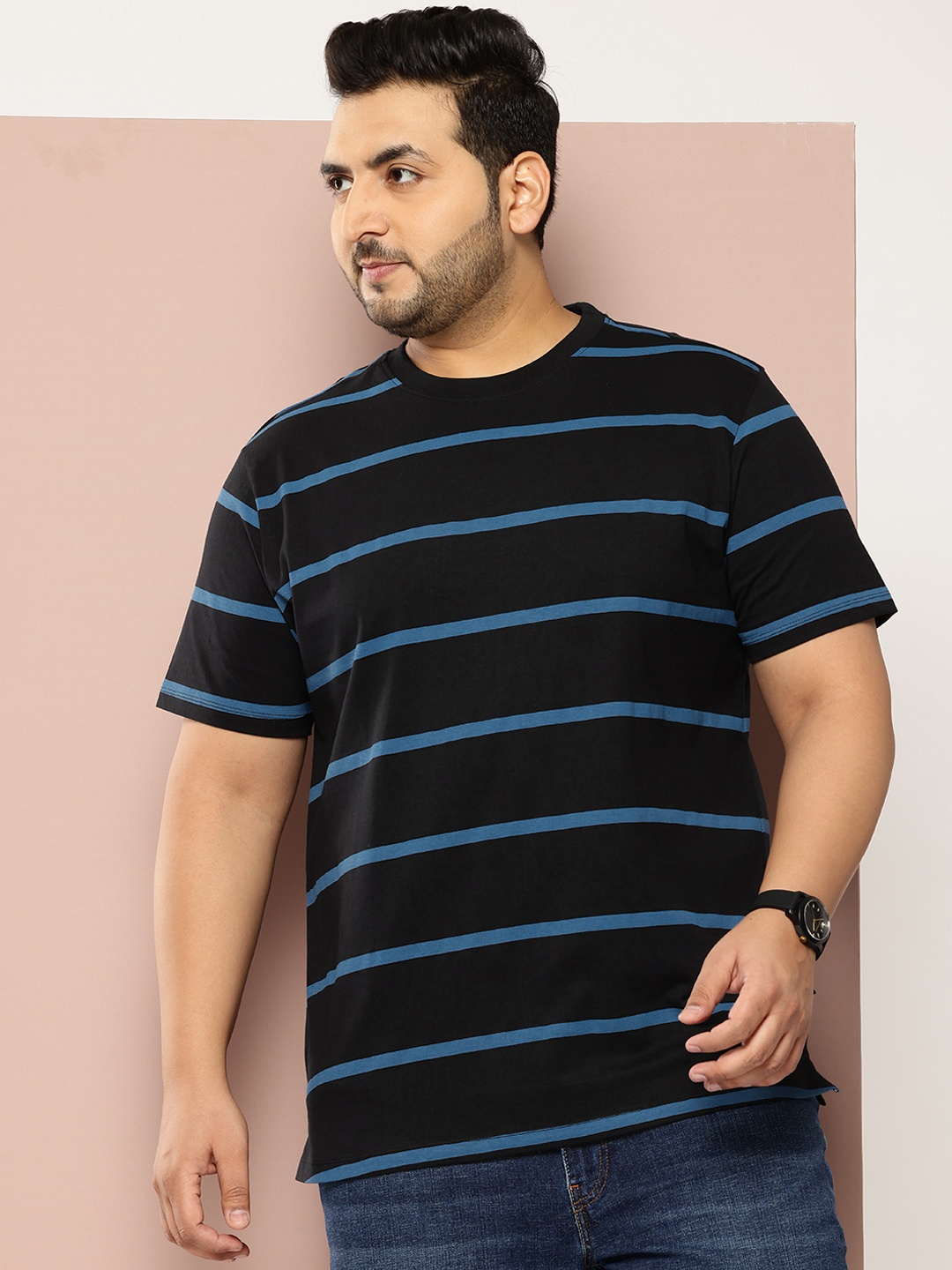 

Sztori Plus Size Pure Cotton Striped T-shirt, Black