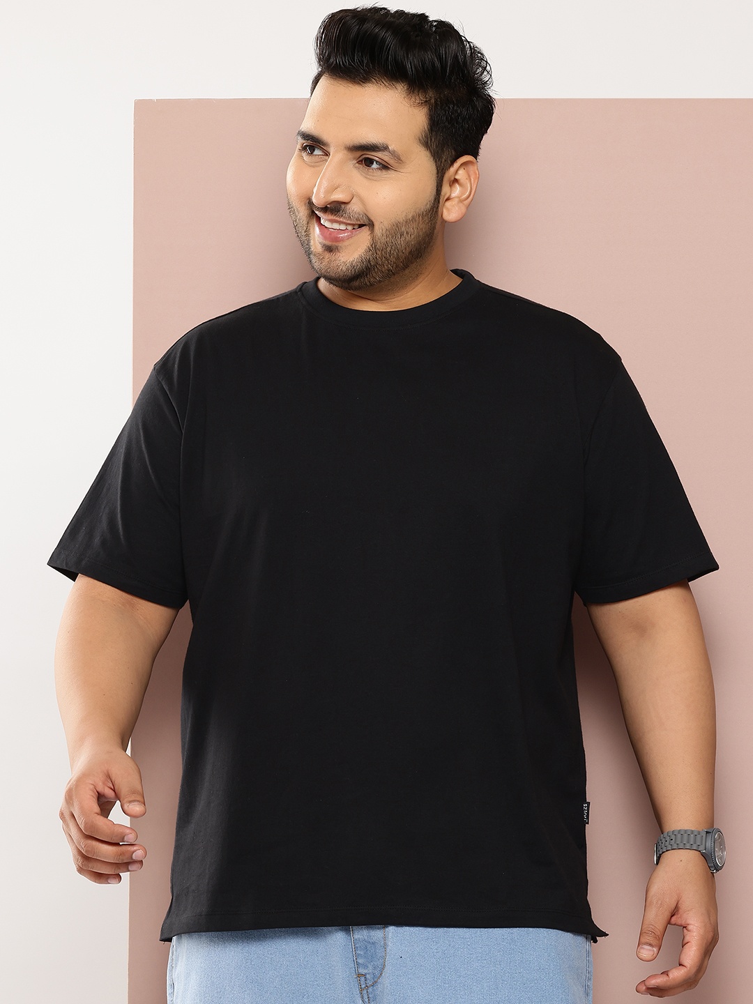 

Sztori Plus Size Drop-Shoulder Sleeves Pure Cotton T-shirt, Black