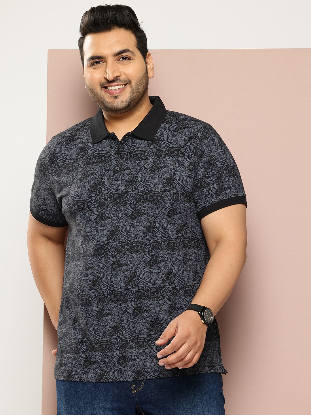 

Sztori Plus Size Printed Polo Collar Pure Cotton T-shirt, Black