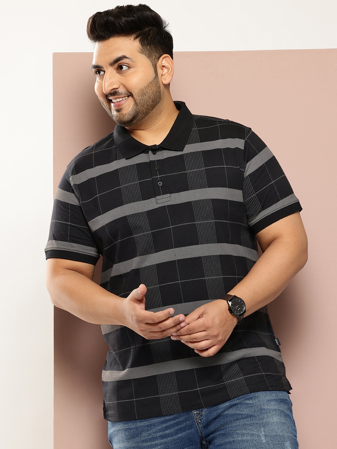 

Sztori Plus Size Checked Polo Collar Pure Cotton T-shirt, Black
