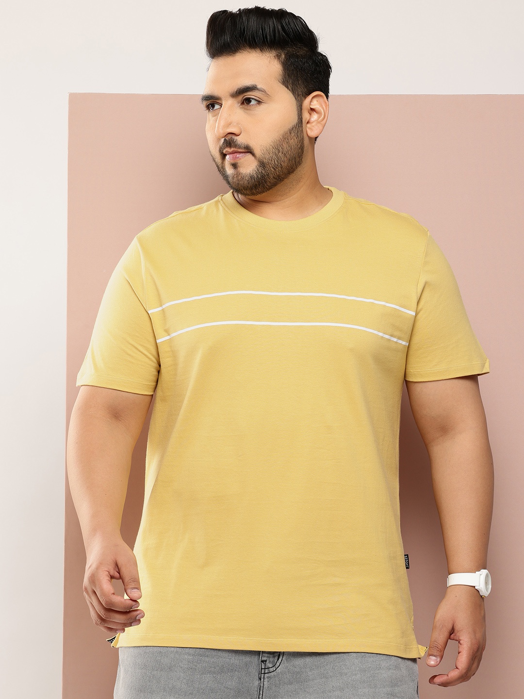 

Sztori Plus Size Striped Detail Pure Cotton T-shirt, Khaki