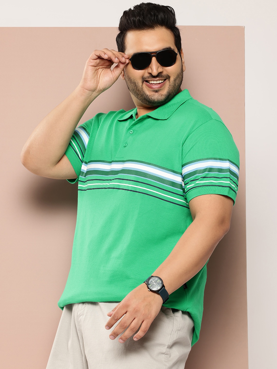 

Sztori Plus Size Striped Polo Collar Pure Cotton T-shirt, Green