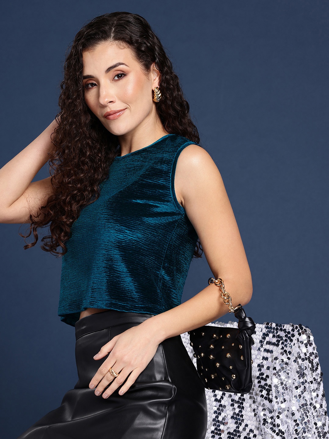 

Mast & Harbour Sleeveless Velvet Crop Top, Teal