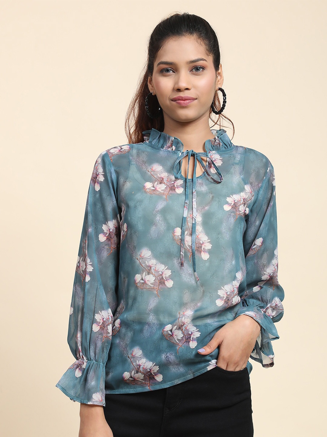 

BAESD Floral Printed Keyhole Neck Top, Green