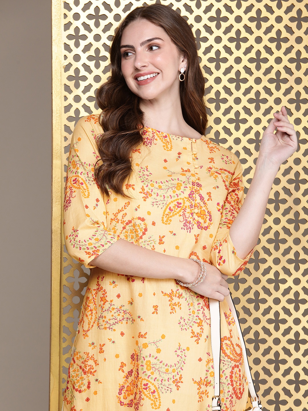 

House of Pataudi Jashn Pure Cotton Ethnic Motifs Printed Kurta, Beige