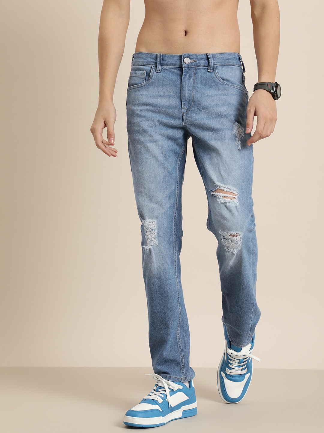 

HERE&NOW Men Slim Fit Mildly Distressed Heavy Fade Stretchable Jeans, Blue