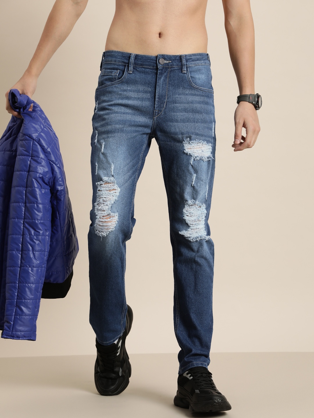 

HERE&NOW Men Slim Fit Highly Distressed Light Fade Stretchable Jeans, Blue