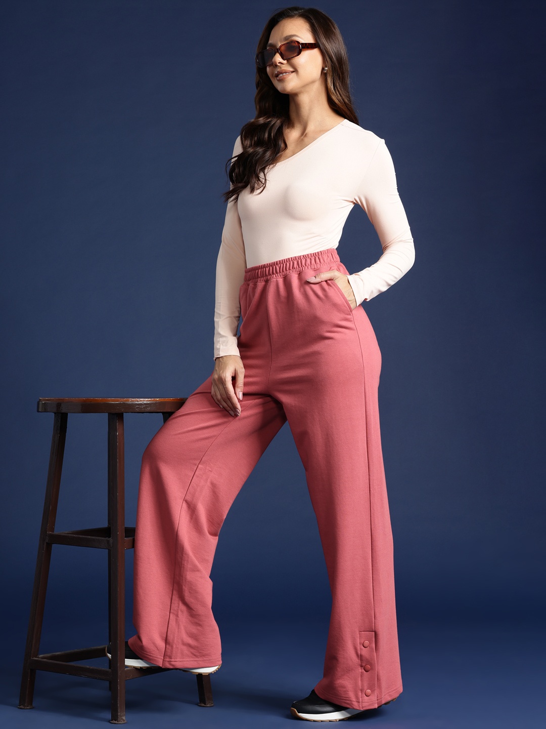 

Mast & Harbour Women Buttoned Hem Flared Track Pants, Rust