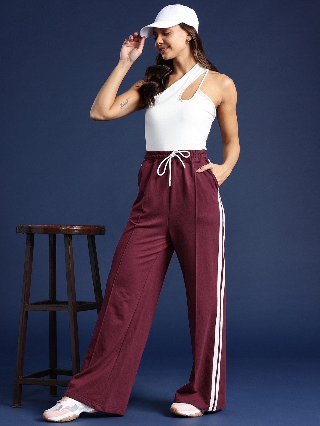 

Mast & Harbour Women Side Stripes Flared Track Pants, Maroon