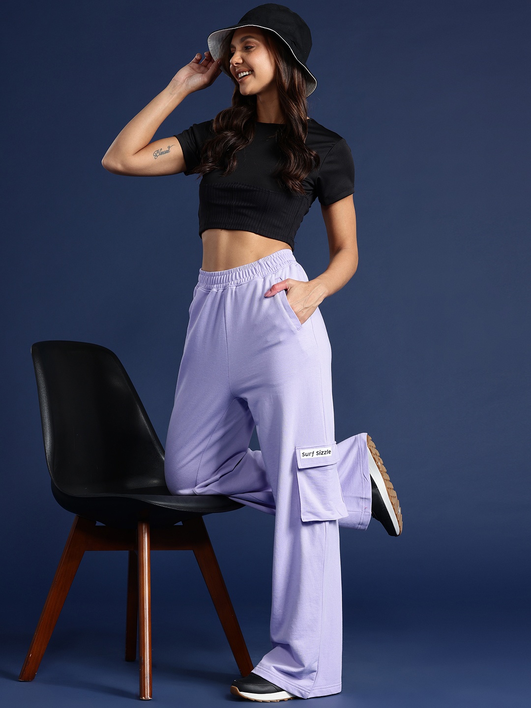 

Mast & Harbour Women Cargo Pockets Flared Track Pants, Lavender