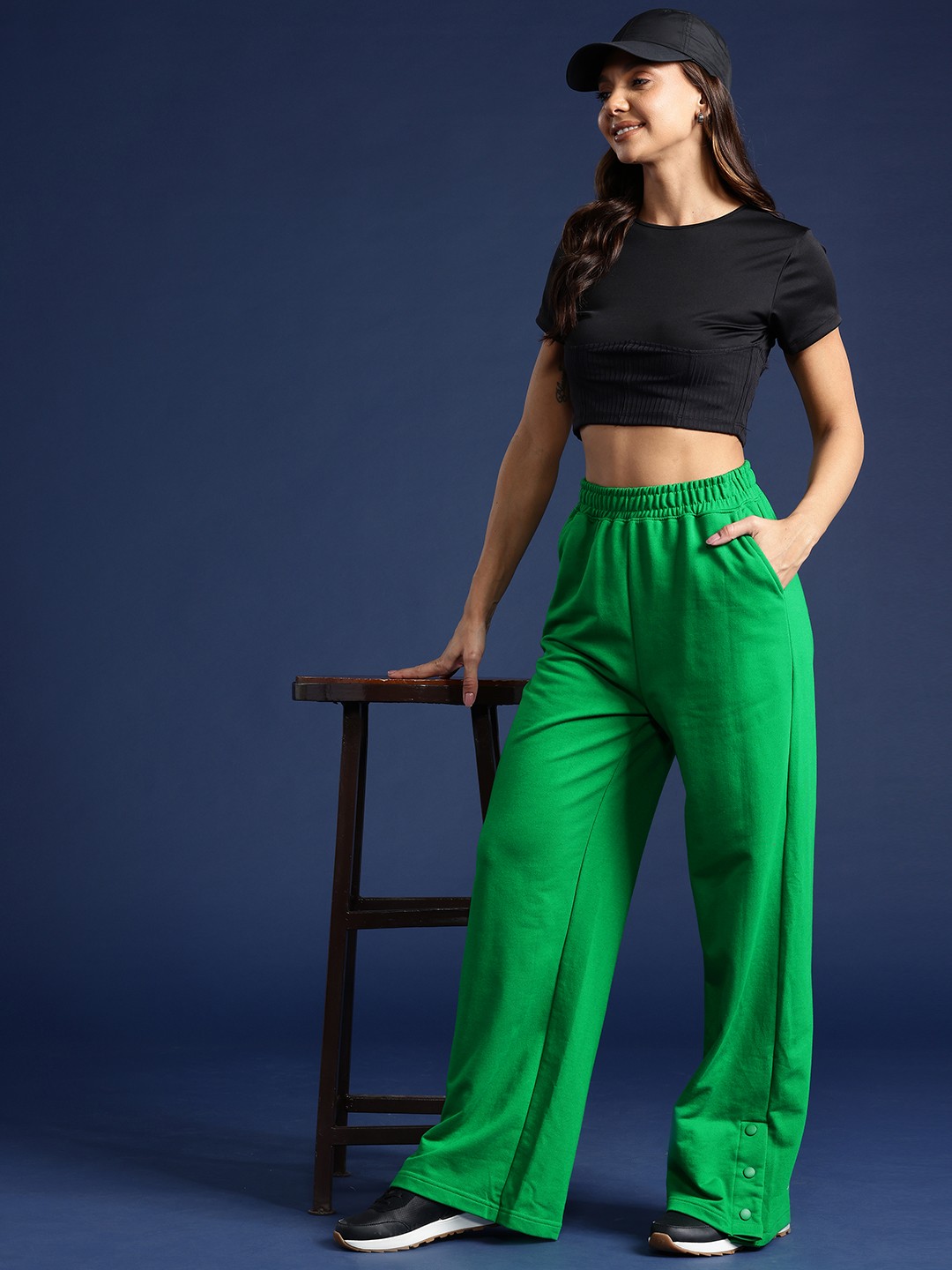 

Mast & Harbour Women Buttoned Hem Flared Track Pants, Green