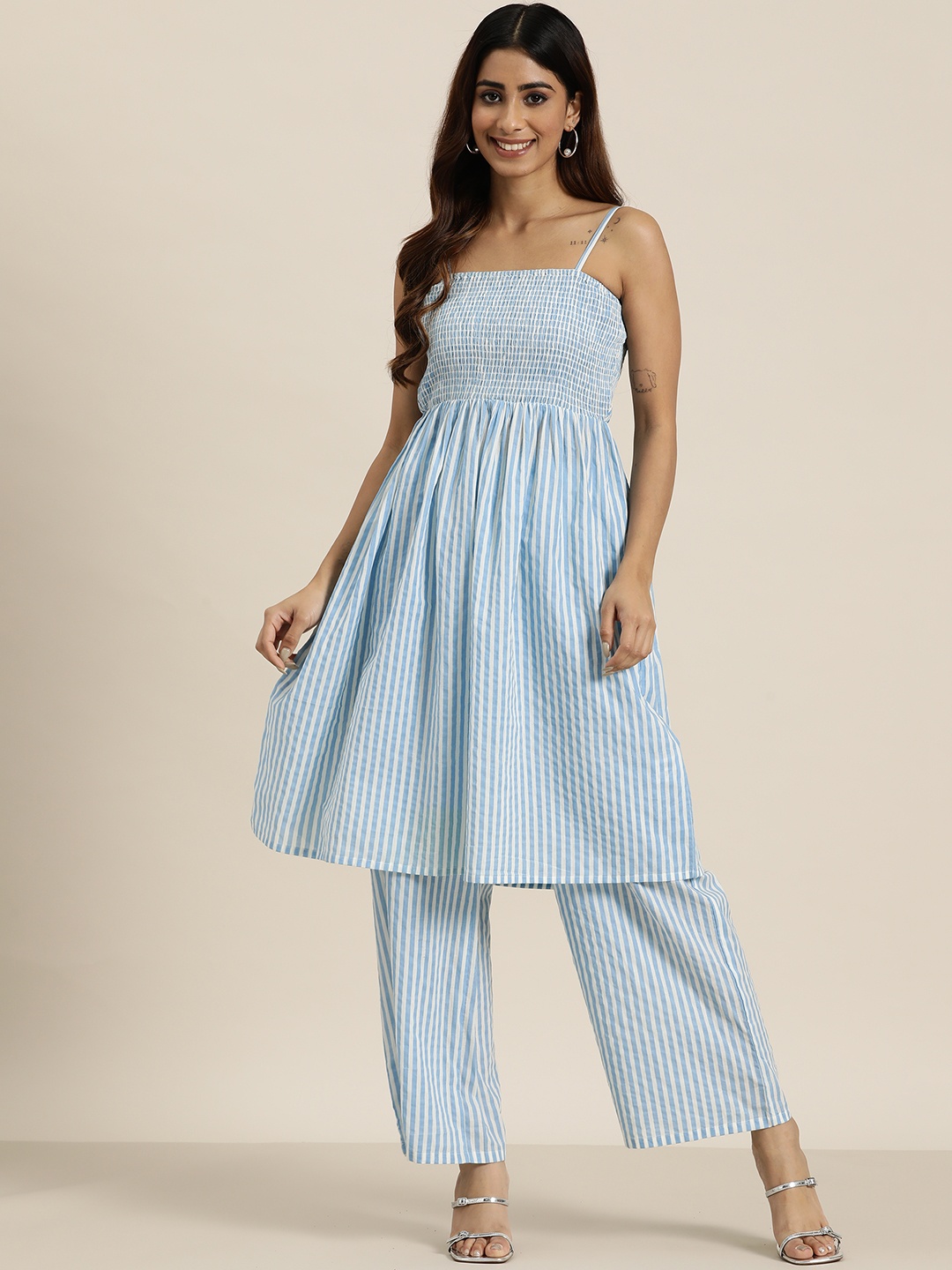 

HERE&NOW Smocked Striped Pleated Pure Cotton Kurta with Palazzos, Blue