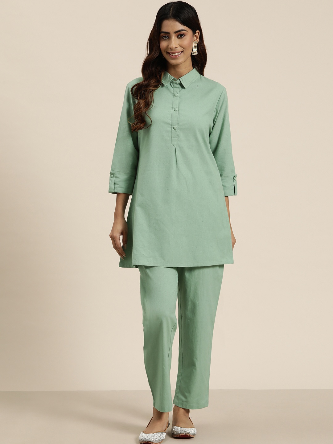 

HERE&NOW Women Pure Cotton Kurta with Trousers, Green