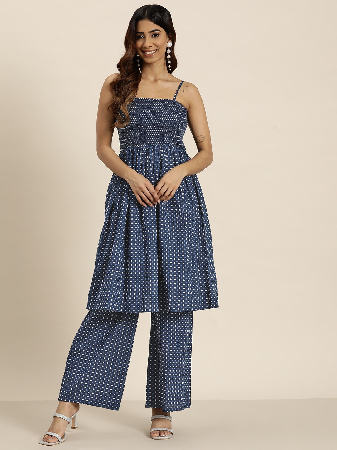 

HERE&NOW Women Polka Dot Smocked Pure Cotton Kurta with Palazzos, Navy blue