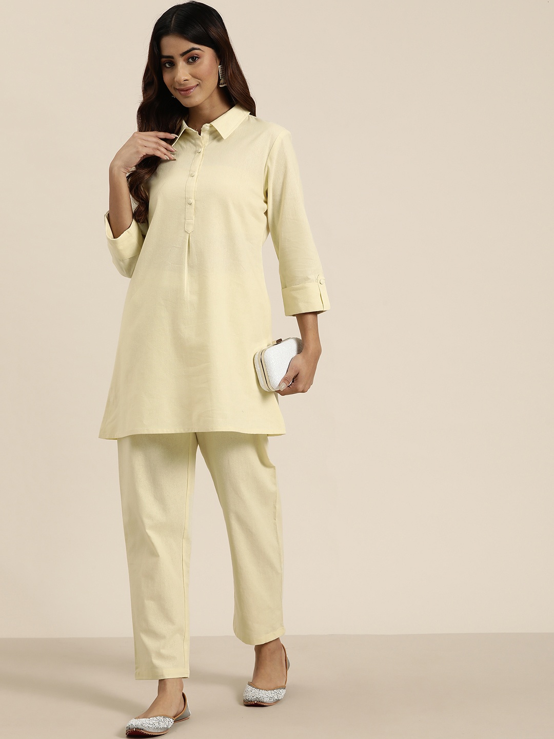 

HERE&NOW Women Pure Cotton Kurta with Trousers, Cream