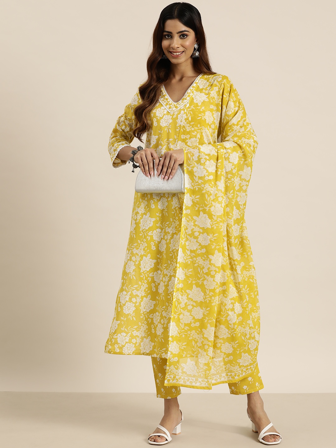 

HERE&NOW Floral Print Pure Cotton Kurta with Trousers & Dupatta, Mustard