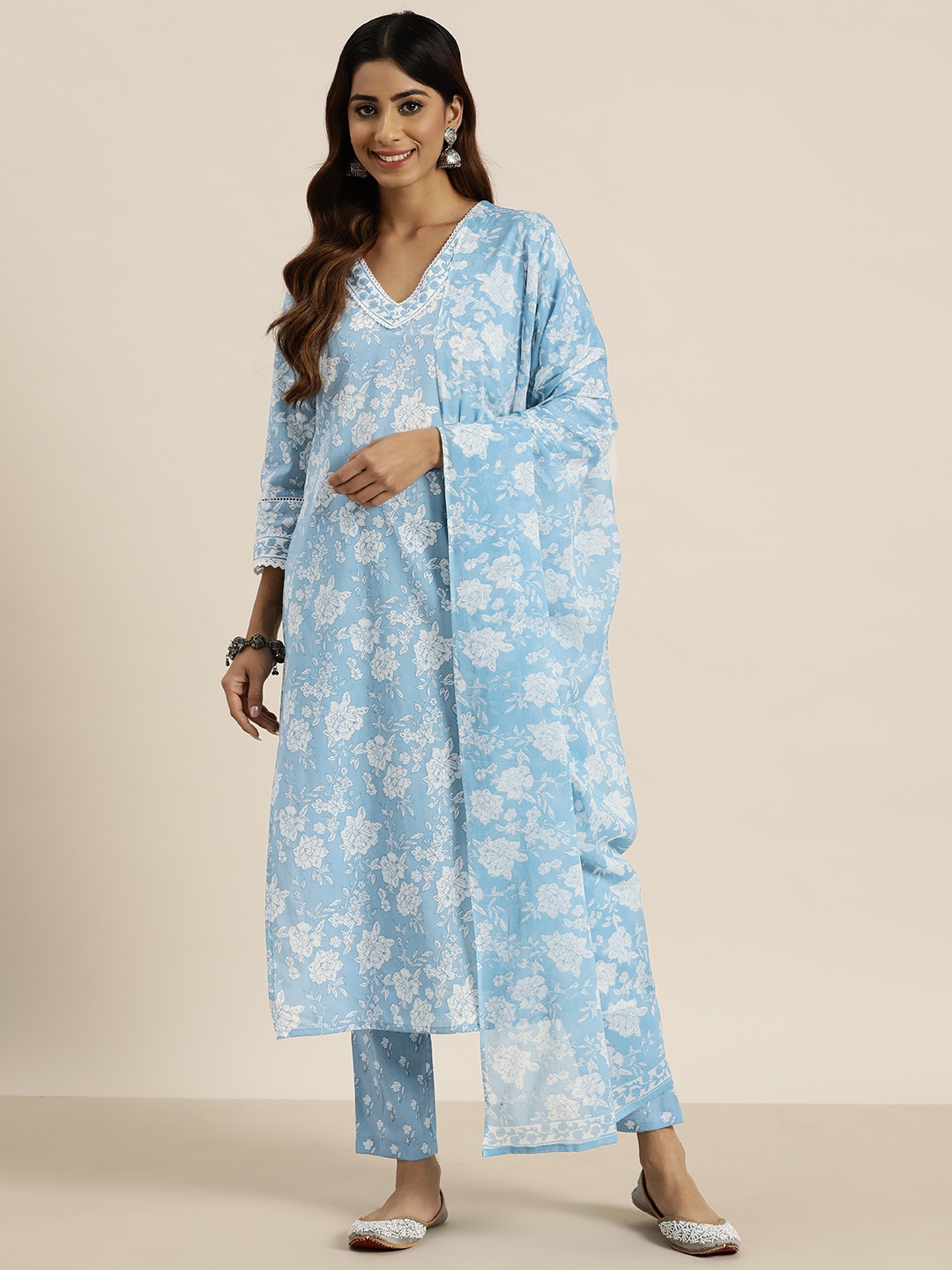 

HERE&NOW Floral Print Pure Cotton Kurta with Trousers & Dupatta, Blue