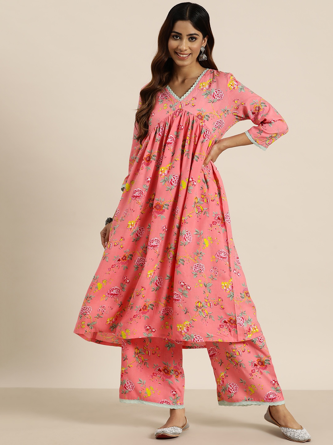 

HERE&NOW Floral Print Empire Kurta with Palazzos, Pink